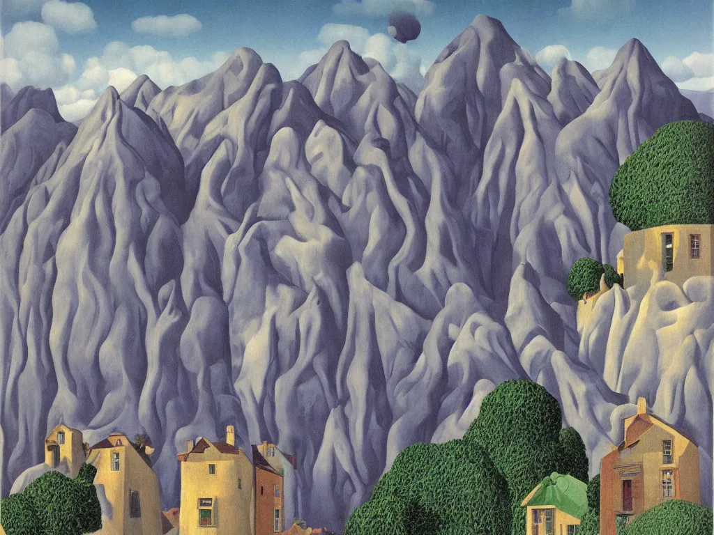 Image similar to A village carved into a mountain painted by René Magritte, surreal painting, highly detailed