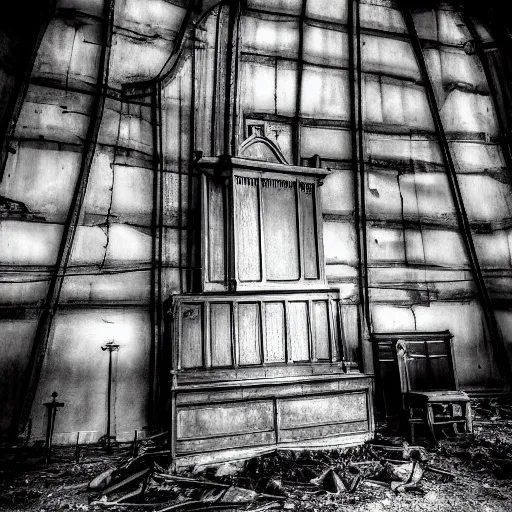 Image similar to black and white photo by karl gustav rodde of a haunted pipe organ in an abandoned warehouse, dirty, hazy, depressing, haunted