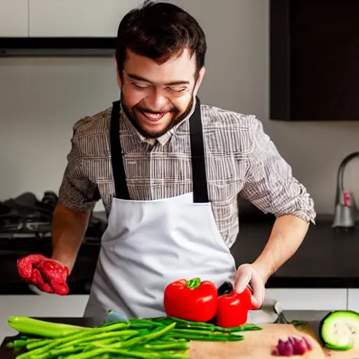 Prompt: husband chopping vegetables, wearing a collared shirt and dress pants with dress shoes, deranged smile, male android, malfunctioning, sparking, red glowing left eye