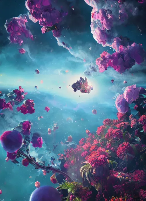 Image similar to An epic fantastic realism comic book style painting of the most beautiful flowers launched into space, bouquets, dark cosmos, fisheye lens, unreal 5, DAZ, hyperrealistic, octane render, dynamic lighting