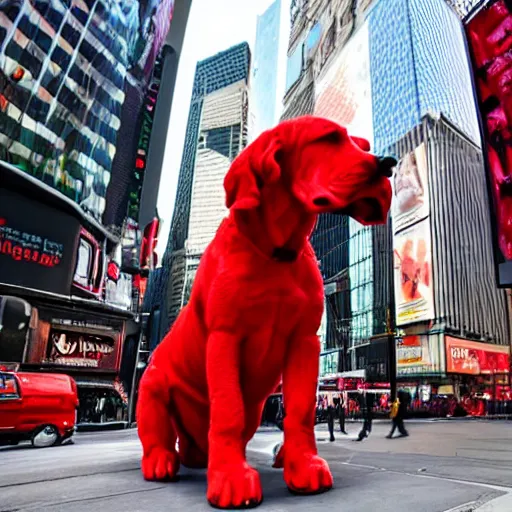 Image similar to a long shot of Clifford a big red dog 25 feet tall photographed in New York City, Times Square avenue barking at random tourists, 4k, detailed