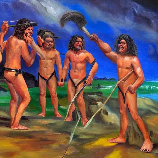 Prompt: cavemen being screamed at by gordon ramsay oil painting