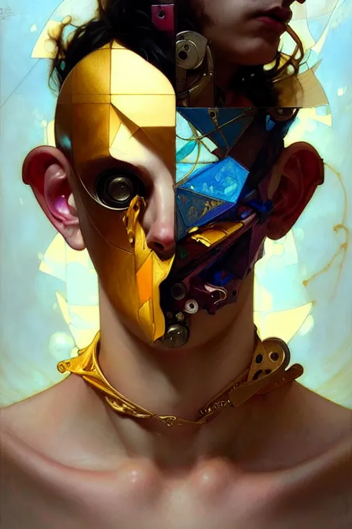 Prompt: portrait, male boy patchwork doll, cyberpunk, elegant baroque, expressive, asymmetrical art, hyperrealism, colorful, vivid, imposing, epic, abstract texture, gold leaf texture, artstation, concept art, by peter mohrbacher and wlop and rhads and artgerm and magali villeneuve and alphonse mucha