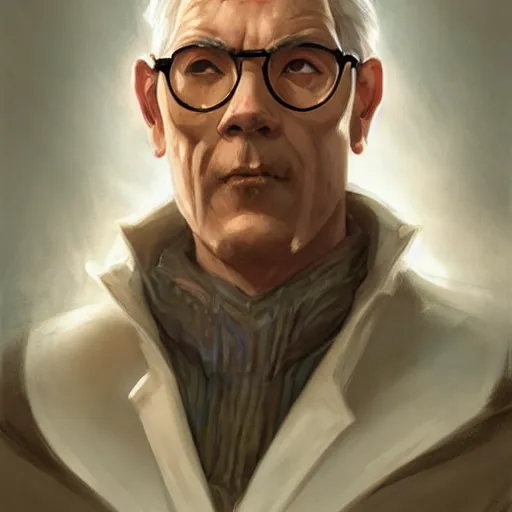 Image similar to a wise human male professor with grey hair with a streak of red, spectacles, white lab coat, dnd character art portrait, matte fantasy painting, deviantart artstation, by jason felix by steve argyle by tyler jacobson by peter mohrbacher by paul hedley, cinema