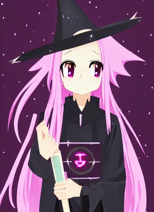 Prompt: anime beautiful female witch with long, pink hair and a spellbook in her hands, pretty symmetrical face, fullbody, pointy hat, black robes, magic, anime, magical, motes of light, dark library