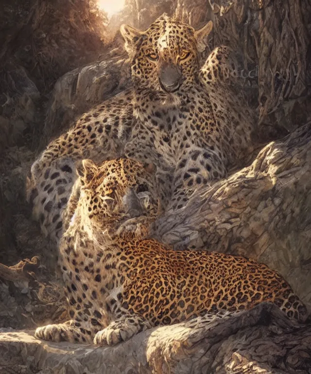 Image similar to a ultradetailed painting of the empress of leopards by greg rutkowski and karol bak, volumetric lighting, symmetrical features, 4 k