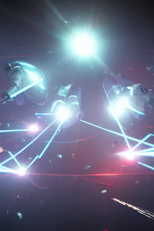 Image similar to wide view of a dozen futuristic spacemen firing lasers, zero gravity, floating, in space, bright, hiding behind obstacles, surrounded by a laser grid, stars visible, unreal engine, lensflares, low perspective, fish eye