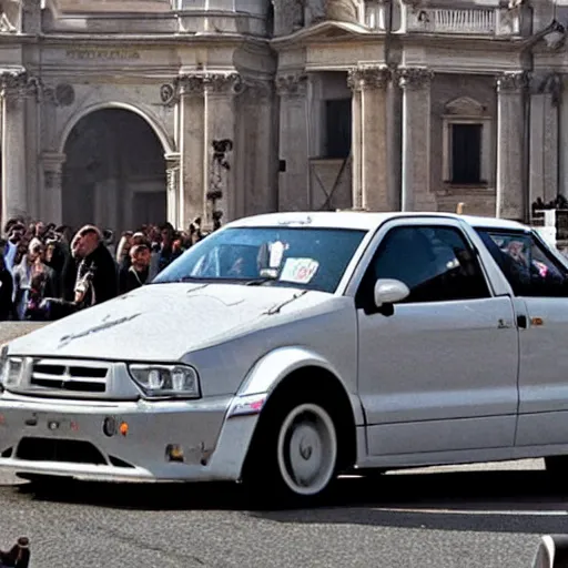 Image similar to a stunning award-winning photo of the Pope doing a sick drift in the pope mobile on St. Peter's square, dark tire marks, gray smoke coming out of the tires, very high quality, extremely detailed