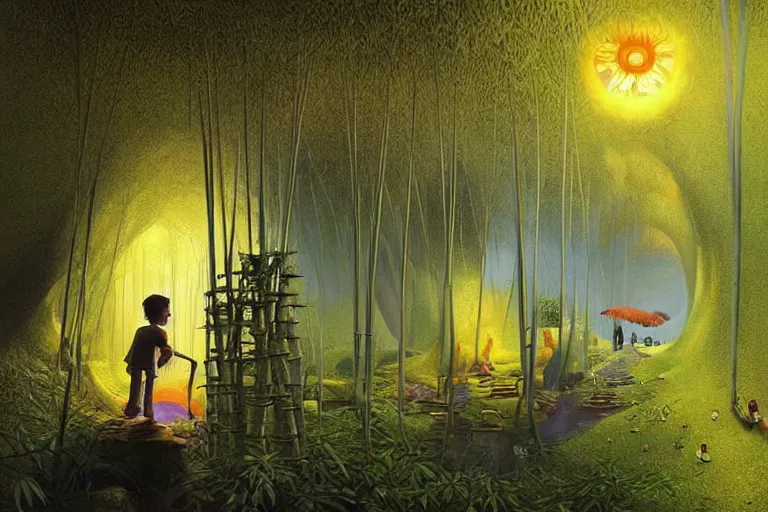 Prompt: surreal glimpse into other universe, a sun shines in bamboo cave, summer morning, very coherent and colorful high contrast, art by!!!! gediminas pranckevicius!!!!, geof darrow, dark shadows, hard lighting