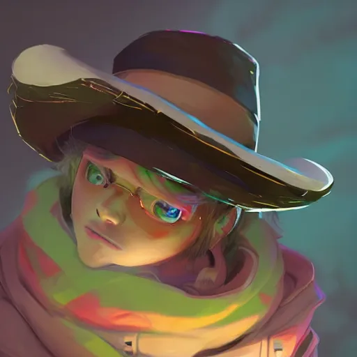 Image similar to snufkin as overwatch character, digital illustration portrait design, by android jones and greg rutkowski, retrowave color scheme, detailed, cinematic lighting, wide angle action dynamic portrait