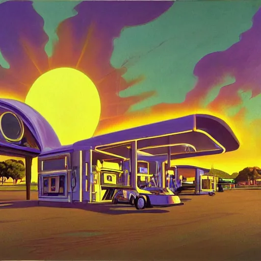 Image similar to painting of syd mead artlilery scifi organic shaped gas station with ornate metal work lands on a farm, floral ornaments, volumetric lights, purple sun, tomas sanchez