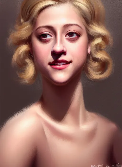 Image similar to portrait of lili reinhart with fluffy bangs, smiling kindly, bangs, 1 9 6 0 s, ponytail, curly bangs and ponytail, rounder face, intricate, elegant, glowing lights, highly detailed, digital painting, artstation, concept art, smooth, sharp focus, illustration, art by wlop, mars ravelo and greg rutkowski