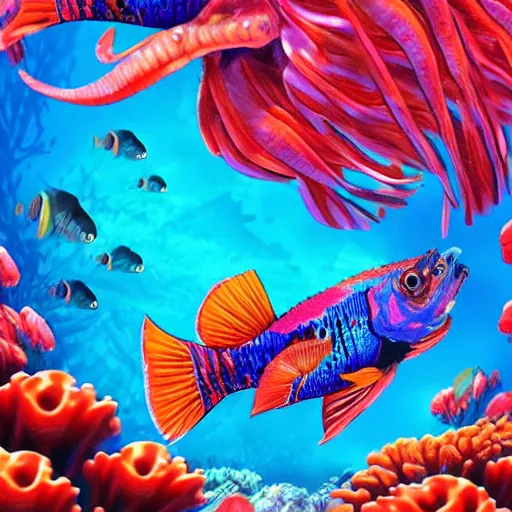 Image similar to coral underwater colorful, fantasy, intricate, highly detailed, little fish and sea life digital painting, hd, trending on artstation, illustration, fine lines, sharp edges, colourful, siamese fighting fish