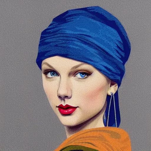 Image similar to Taylor Swift as the girl with the pearl earring, highly detailed, digital painting, artstation, concept art, smooth, sharp focus, illustration, ArtStation, art by artgerm and greg rutkowski and alphonse mucha and J. C. Leyendecker and Edmund Blair Leighton and Katsuhiro Otomo and Geof Darrow and Phil hale and Ashley wood and Ilya repin and Charlie Bowater