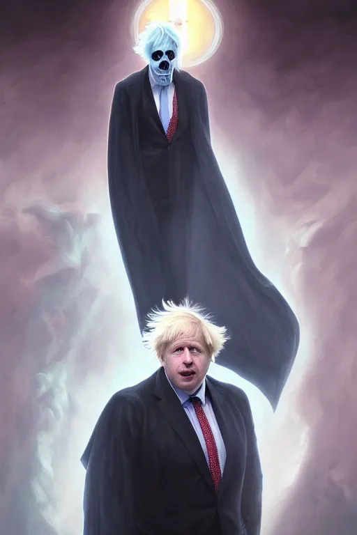 Image similar to a realistic portrait of Boris Johnson as Grim Reaper, masculine figure, bright hopeful atmosphere, volumetric lights, beam of bright light through the clouds, intricate, elegant, highly detailed, extremely detailed, digital painting, artstation, concept art, matte, smooth, sharp focus, hyper realistic, illustration, art by Artgerm and Greg Rutkowski and Alphonse Mucha