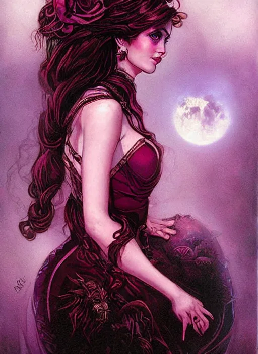 Image similar to portrait of princess of the dreamlands and moon beast, beautiful! coherent! by brom, deep colors, red maroon purple pink black, strong lines, rule of thirds