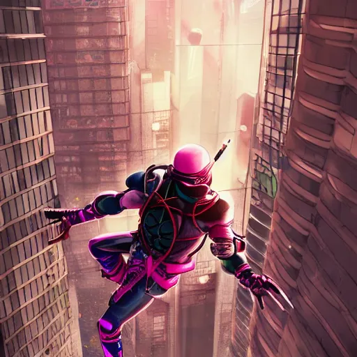 Image similar to cyborg ninja turtle climbing a building in cyberpunk tokio, digital painting, futuristic, pink, unreal engine, highly detailed, 4k