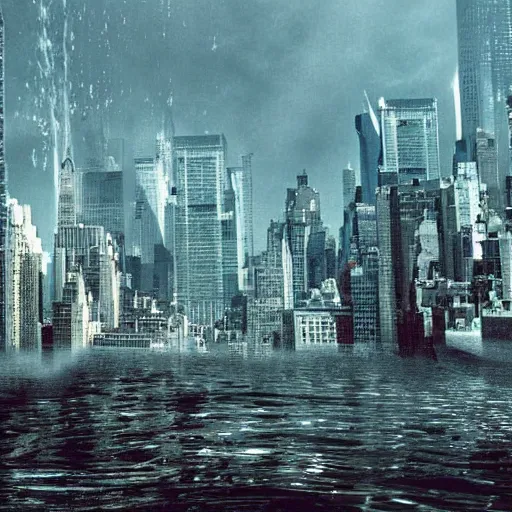 Prompt: A realistic photograph of New York City underwater as a result of climate change, 2052