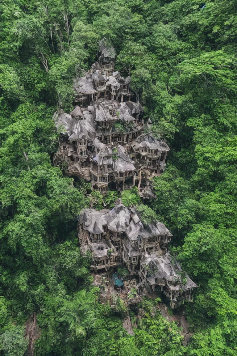 Image similar to a victorian mansion carved into a huge tree beside a waterfall in a dense jungle | cinematic