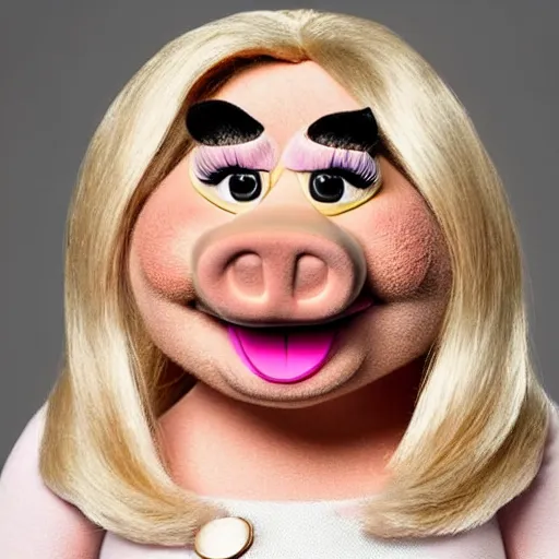 Image similar to a portrait of miss piggy smiling as sara netanyahu, neutral colors, warm, sharp