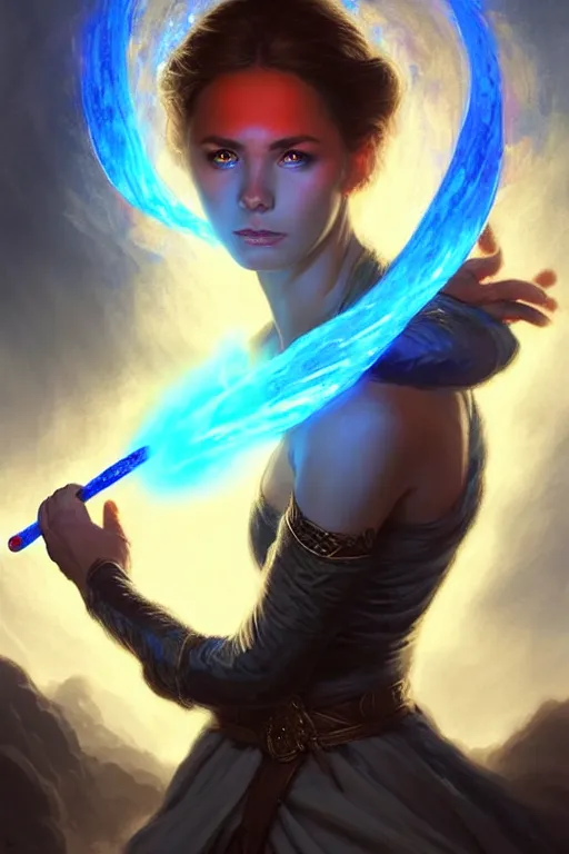 Image similar to Front portrait of mage hold a blue fire on right hand and red fire on the left hand, full body, fine art, awesome fantasy book cover on Pinterest, award winning, dark fantasy landscape, fantasy magic, intricate, elegant, sharp focus, cinematic lighting, highly detailed, digital painting, concept art, art by WLOP and Artgerm and Greg Rutkowski, masterpiece, trending on artstation, 8K