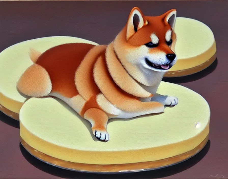 Image similar to a photorealistic painting of a shiba inu as a japanese cheesecake, acrylic, oil on canvas, highly detailed, pretty