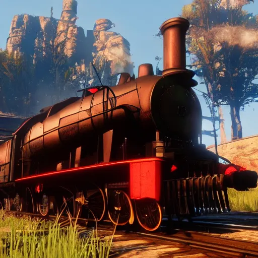 Image similar to futuristic sleek steam locomotive in red dead redemption 2