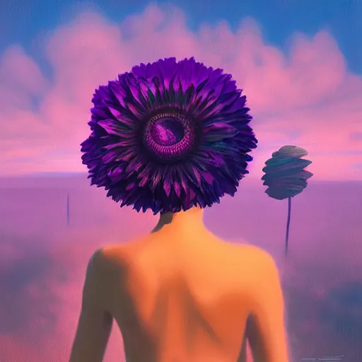 Image similar to portrait, giant purple dahlia flower head, woman in oasis, surreal photography, sunrise, blue sky, dramatic light, impressionist painting, digital painting, artstation, simon stalenhag