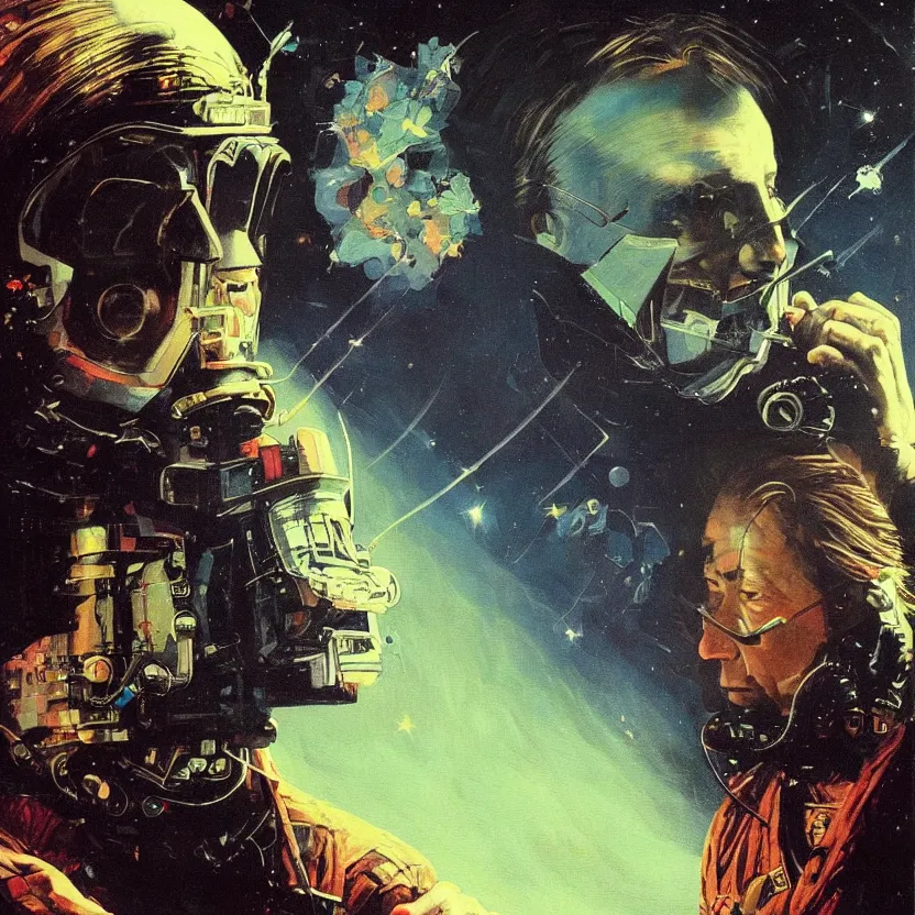 Image similar to a dark close - up portrait of retrofuturistic bill hicks in space. reflective detailed textures. soft gloomy dark background. highly detailed fantasy science fiction painting by moebius, norman rockwell, frank frazetta, and syd mead. rich colors, high contrast. artstation