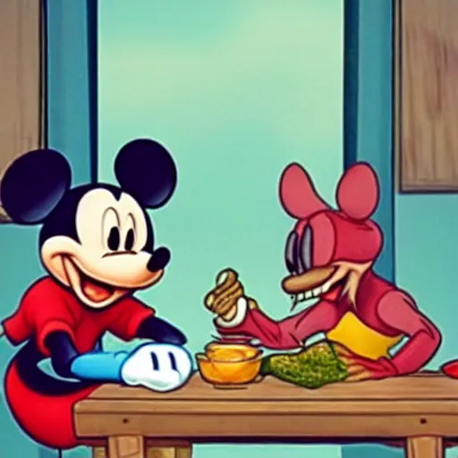 Image similar to Mickey Mouse and master splinter having dinner