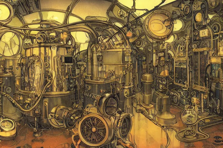 Image similar to steampunk lab room filled with big vapor tubes and alchemy equipment, mad scientist working, giant screens, sci - fi vending machine, retrofuturism, concept art by mucha, clean line, diesel punk