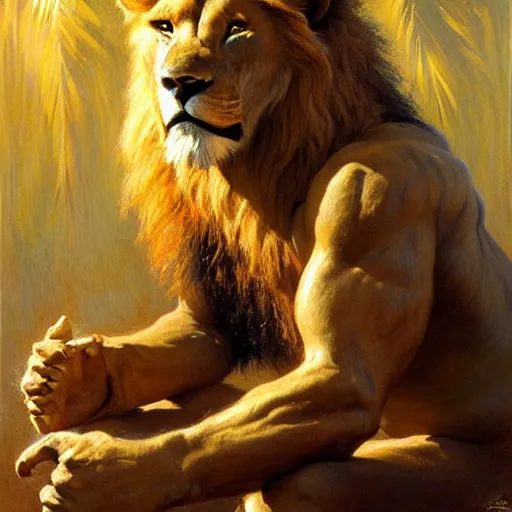 Prompt: a portrait of an anthromorphic lionman. highly detailed painting by gaston bussiere, craig mullins, j. c. leyendecker, furry