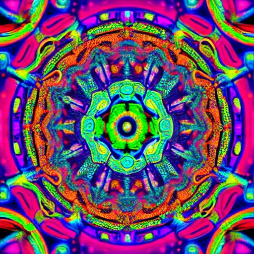 Image similar to a colorful neon psychedelic DMT mandala