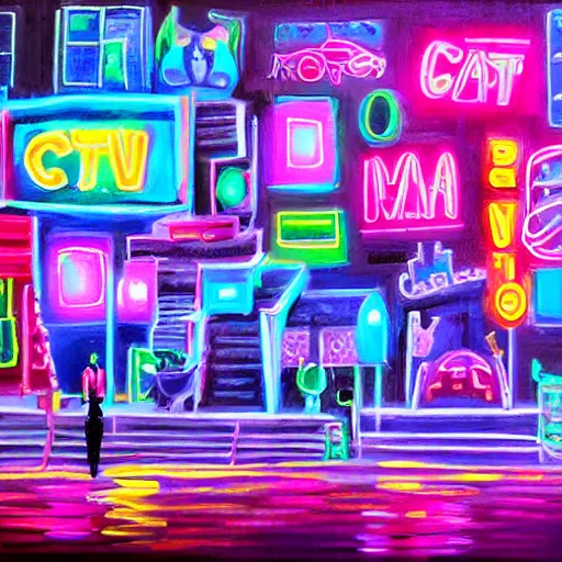 Prompt: neon city with cat realistic painting