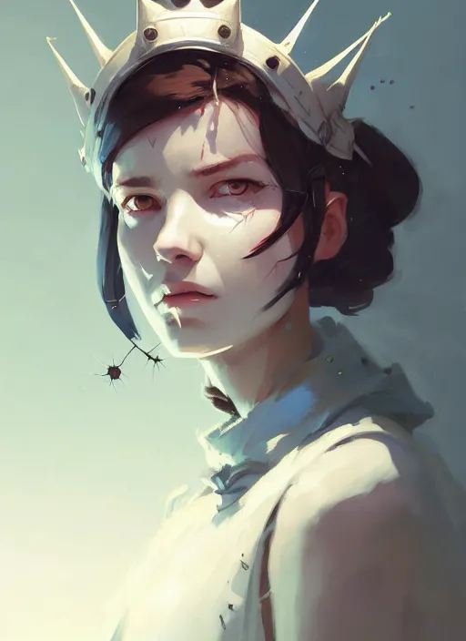 Image similar to portrait of cute gith maiden girl with crown of thorns and white short hairs, warhammer, cyberpunk, by atey ghailan, by greg rutkowski, by greg tocchini, by james gilleard, by joe gb fenton, by kaethe butcher, dynamic lighting, gradient light blue, brown, blonde cream and white color in scheme, grunge aesthetic
