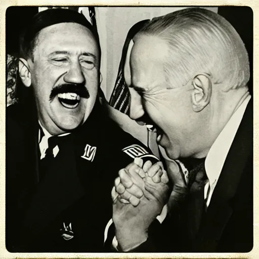 Image similar to “Very photorealistic photo of Hitler and Joe Biden laughing together, award-winning details”