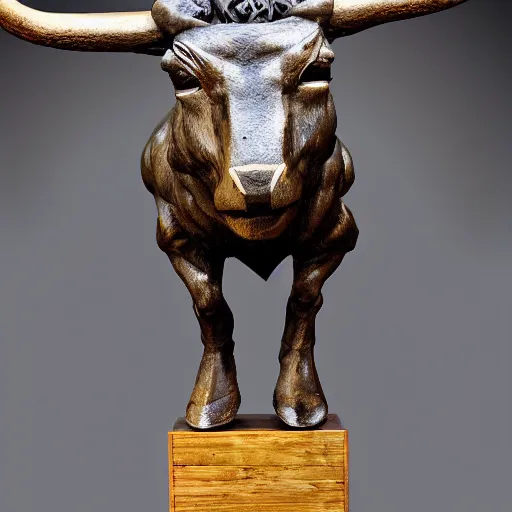 Prompt: minotaur statue madewith taxidermy techniques