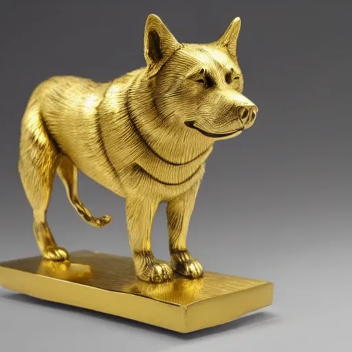 Image similar to gold sculpture of a husky, highly detailed, engraved