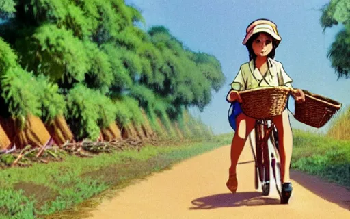 Prompt: a young girl riding a bike with a basket on a dirt path in a small town, 1970s philippines, art by hayao miyazaki, studio ghibli film, hi res, 4k