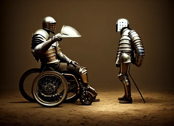 Image similar to knight in armor in a motorcycle dirt helmetin a wheelchair do tricks & watch old tv, rome, highly detailed, soft lighting, elegant, by edward hopper and james gillard, zdislaw beksinski, stephen outram, andreas m wiese, highly detailed, masterpiece. fashion studio lighting. edward _ hopp, unreal 6, 8 k