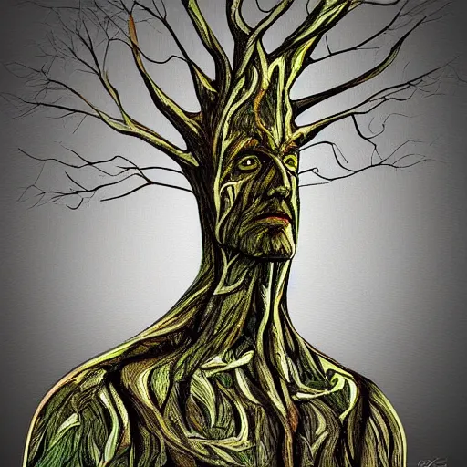 Image similar to a man dressed as a tree,digital art,detailed,realistic