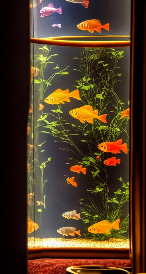 Image similar to telephoto 7 0 mm f / 2. 8 iso 2 0 0 photograph depicting the feeling of chrysalism in a cosy safe cluttered french art nouveau cyberpunk apartment in a dreamstate art cinema style. fish tank, ambient light.