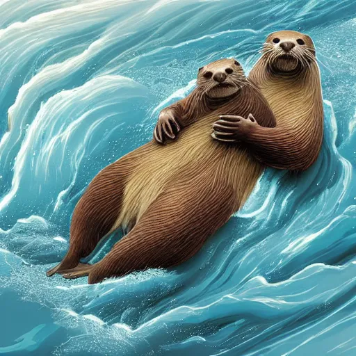 Image similar to illustration hyper detailed otters holding hands in a huge storm cinematic trending on artstation masterpiece