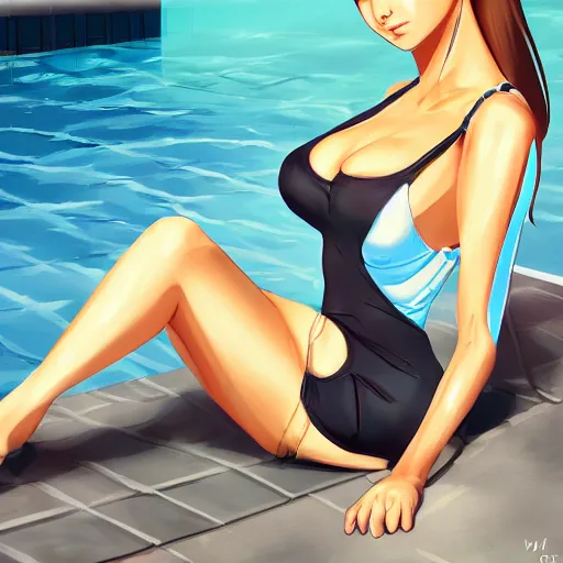 Image similar to a girl wearing a business swimsuit, she is near a swimming pool, anime art, digital painting, smooth, hd, elegant