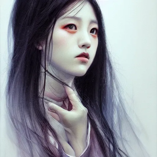 Image similar to jisoo of blackpink, hyperrealistic portrait, bladerunner street, by karol bak and agnes cecile, fantasy art, photo realistic, dynamic lighting, artstation, poster, volumetric lighting, very detailed face, 8 k, award winning