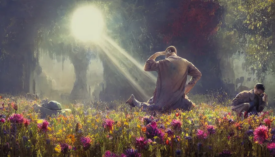 Image similar to craig mullins a man in robes kneels and prays in a field of flowers, the sun's holy light shines down upon him, colorful, solarpunk, unreal engine, hyper realism, realistic shading, cinematic composition, realistic render, octane render, detailed textures, photorealistic, wide shot