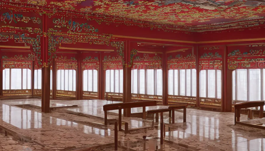 Image similar to 2020s movie still of empty north-korean royal restaurant palace, Leica SL2 50mm, high quality, higly detailed