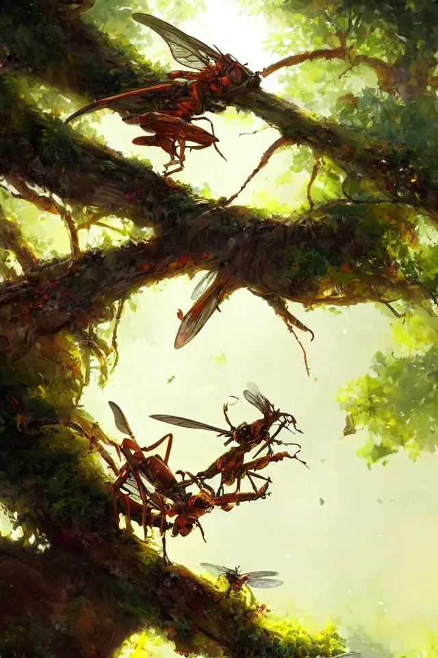 Prompt: beautiful concept art of a flying hornet insect on a tree branch among many leaves, dappled sunlight, colorful, fantasy, by greg rutkowski, trending on artstation.