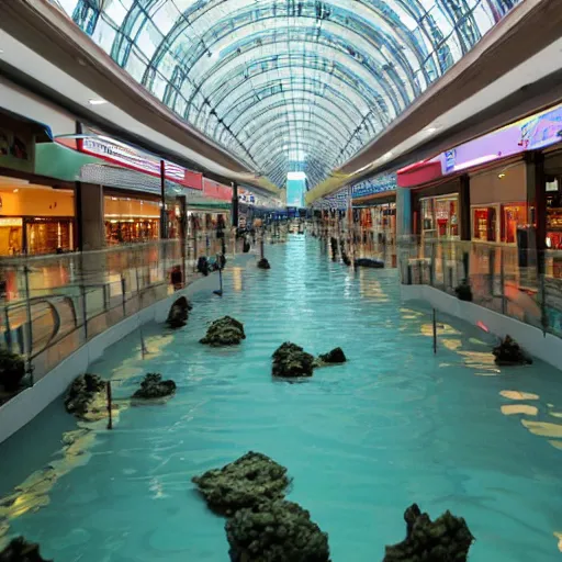 Prompt: photo of inside a shopping mall the inside is flooded with over 2 5 meters depth of water, highly detailed.