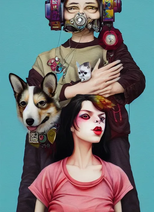 Prompt: beautiful portrait painting of a attractive lofi cyberpunk princess and her corgi assassin king happy, by Afarin Sajedi, Alessandro Barbucci, Alex Gross, Shin Jeongho, Shohei Otomo. trending on Artstation, 8k, masterpiece, face enhance, graffiti paint, fine detail, full of color, intricate detail, golden ratio illustration